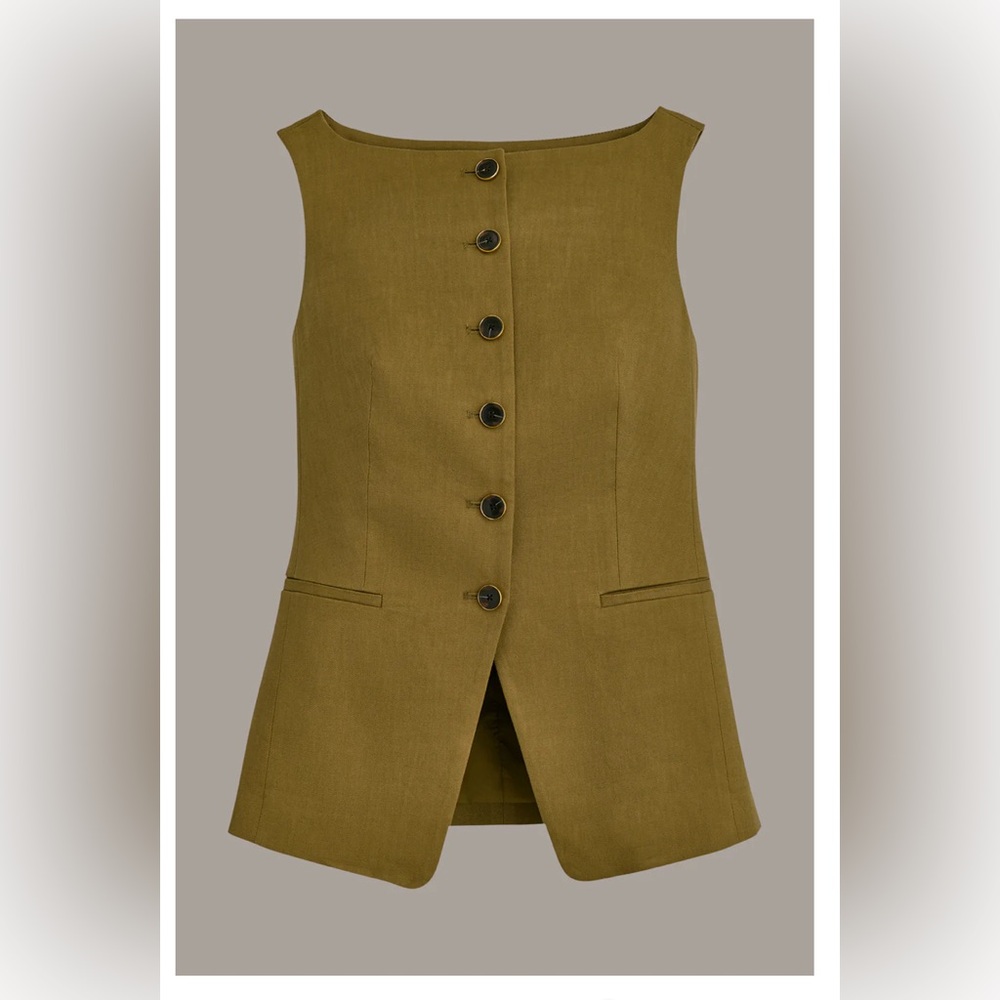 Donna Karan Women Linen Blend Vest Color Smoky Olive Medium Boat Neck Button NWT - Picture 1 of 14